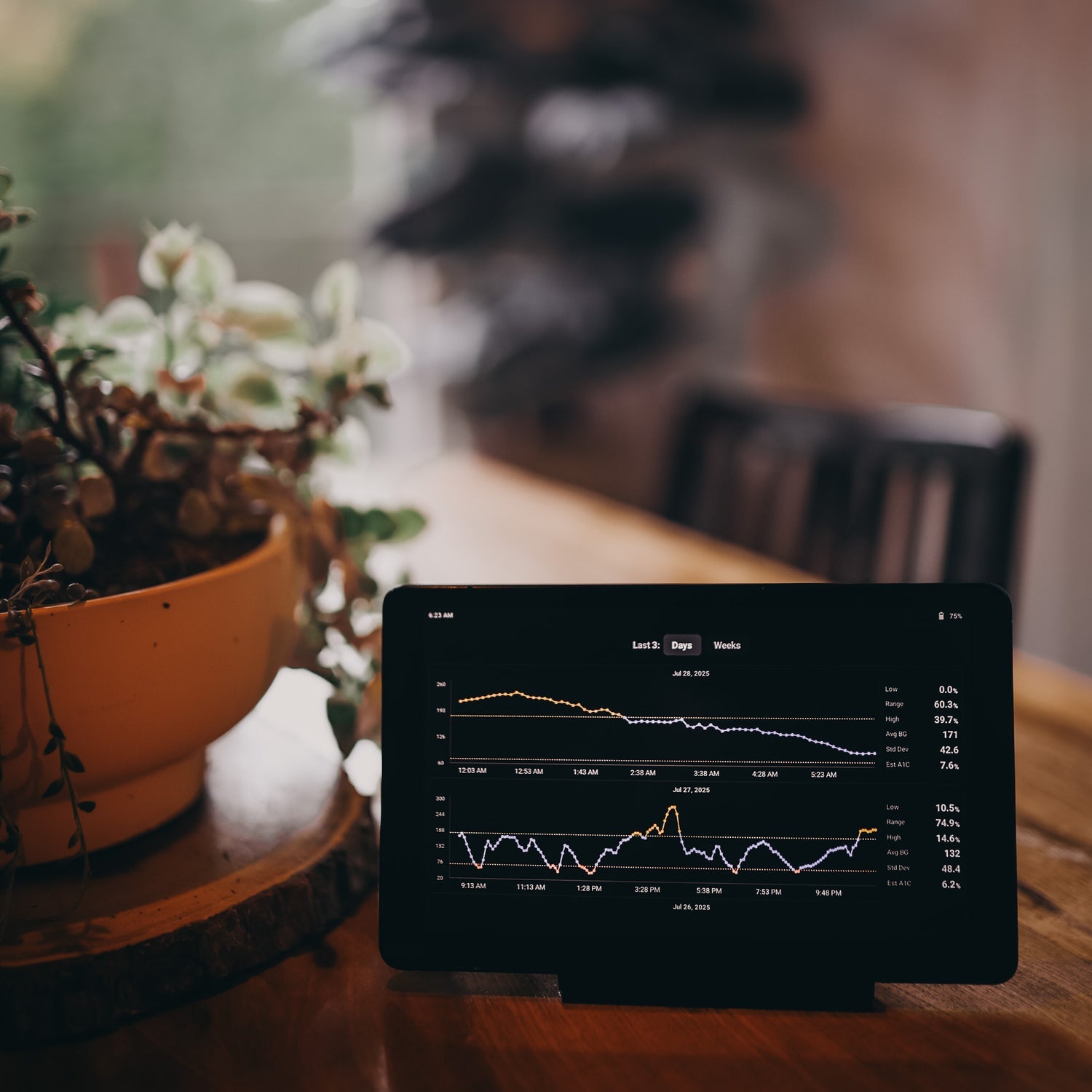 Close-up of the dark history screen with Days selected, daily graphs and their statistics.